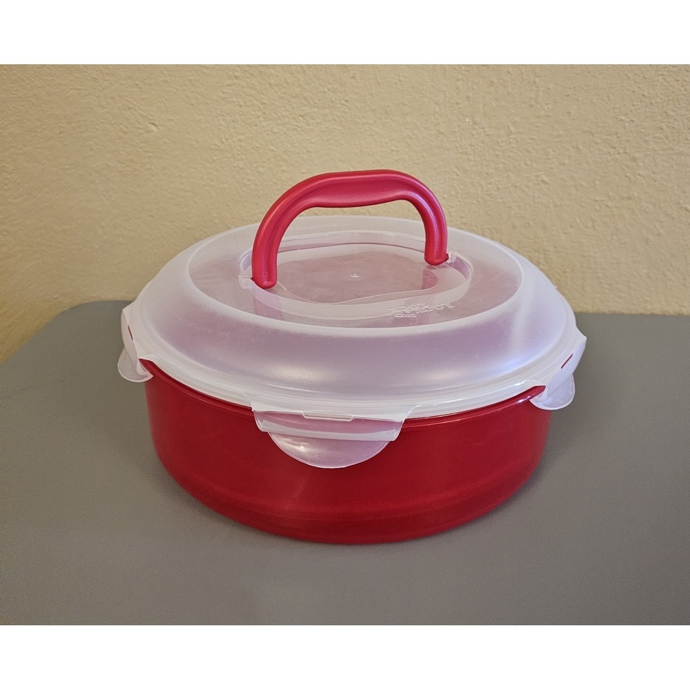 Lock&Lock Red Round Cake Pie Carrier Snap On Lid Handle Storage Container